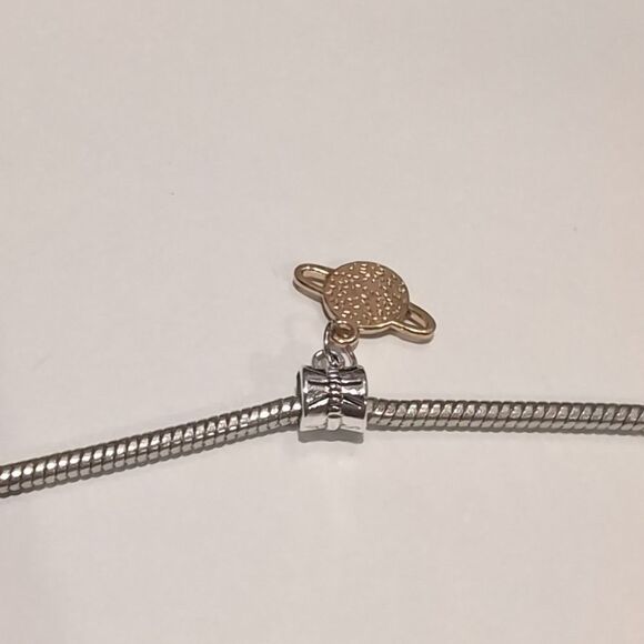 Silver Gold Blue Saturn Planet‎ Enamel Dangle Charm for Pandora Style Bracelet - Picture 3 of 4